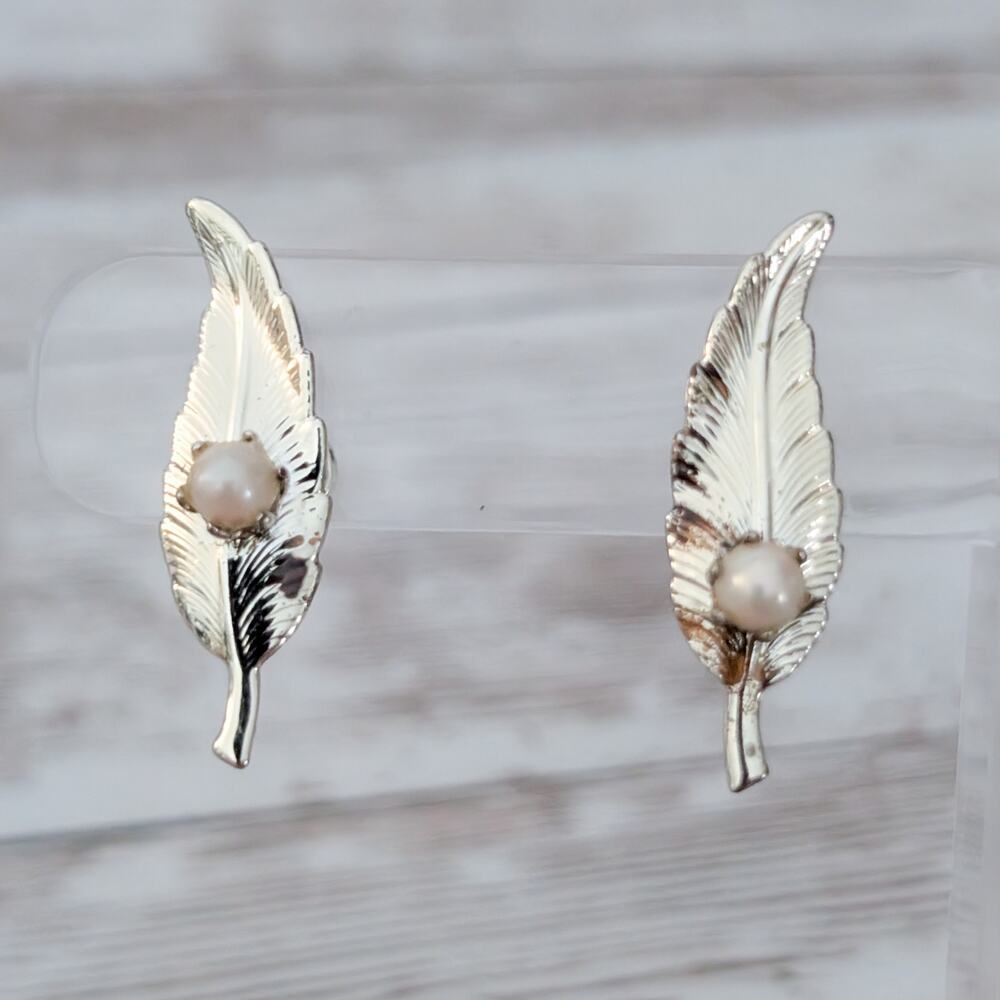 Vintage Screw Back Earrings Mismatched Leaves with Faux Pearls Condition Issues